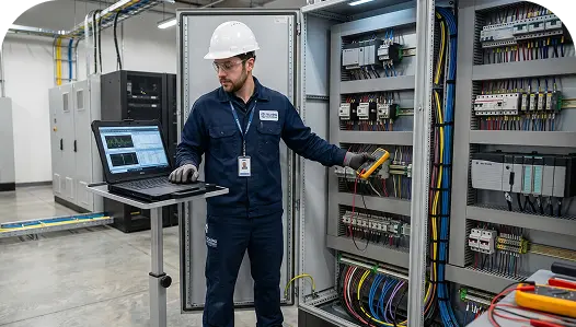Profissional realizando comissionamento em painel elétrico
